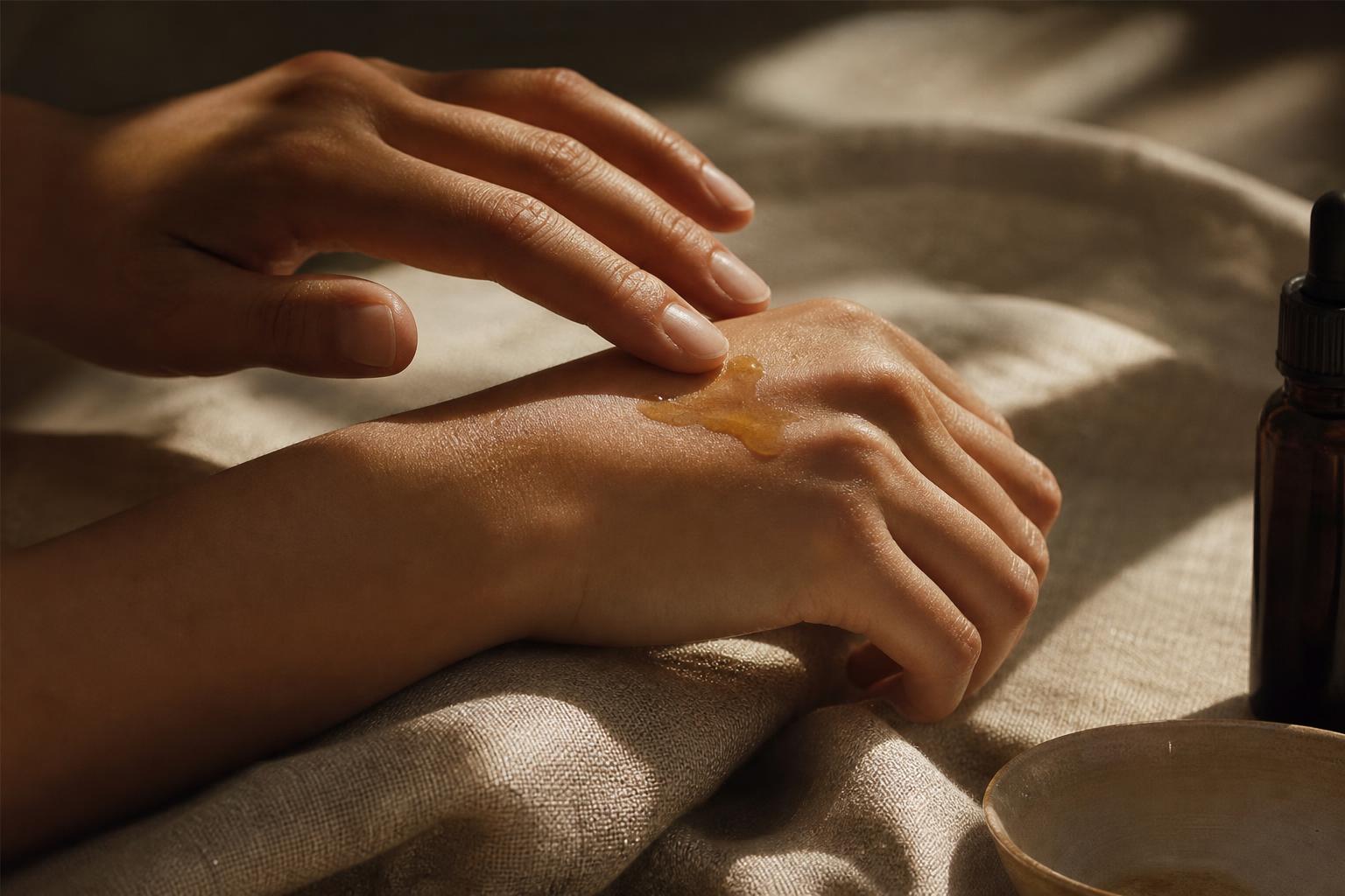 Hands pressing golden saffron oil into skin